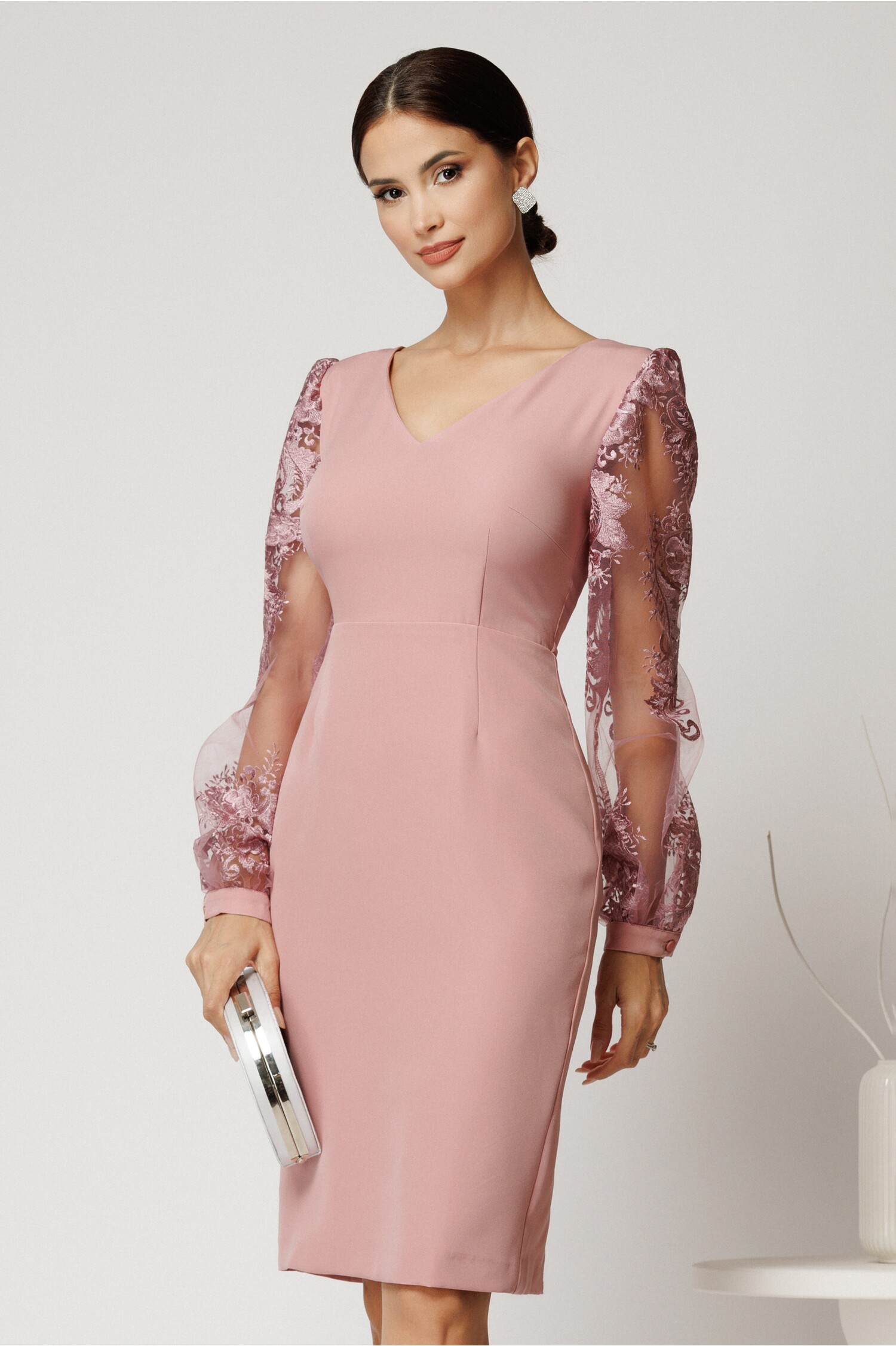 Rochie DY Fashion midi roz din stofa conica cu maneci din dantela