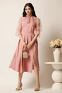 Rochie DY Fashion midi roz din stofa in clos cu maneci si funda din organza, 3, dyfashion.ro