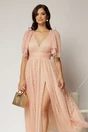 Rochie DY Fashion midi roz din tull cu buline si funde ample pe umeri, 3, dyfashion.ro