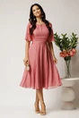 Rochie DY Fashion midi roz din voal in clos cu fir lurex si accesoriu la decolteu, 3, dyfashion.ro