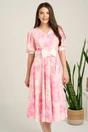 Rochie DY Fashion midi roz din voal in clos cu print alb si funda in talie, 4, dyfashion.ro