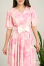 Rochie DY Fashion midi roz din voal in clos cu print alb si funda in talie, 3, dyfashion.ro