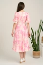 Rochie DY Fashion midi roz din voal in clos cu print alb si funda in talie, 2, dyfashion.ro