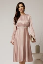 Rochie DY Fashion midi roz din voal satinat in clos cu perle in talie, 1, dyfashion.ro