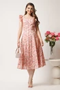 Rochie DY Fashion midi roz in clos cu floricele corai si volane la maneci, 3, dyfashion.ro