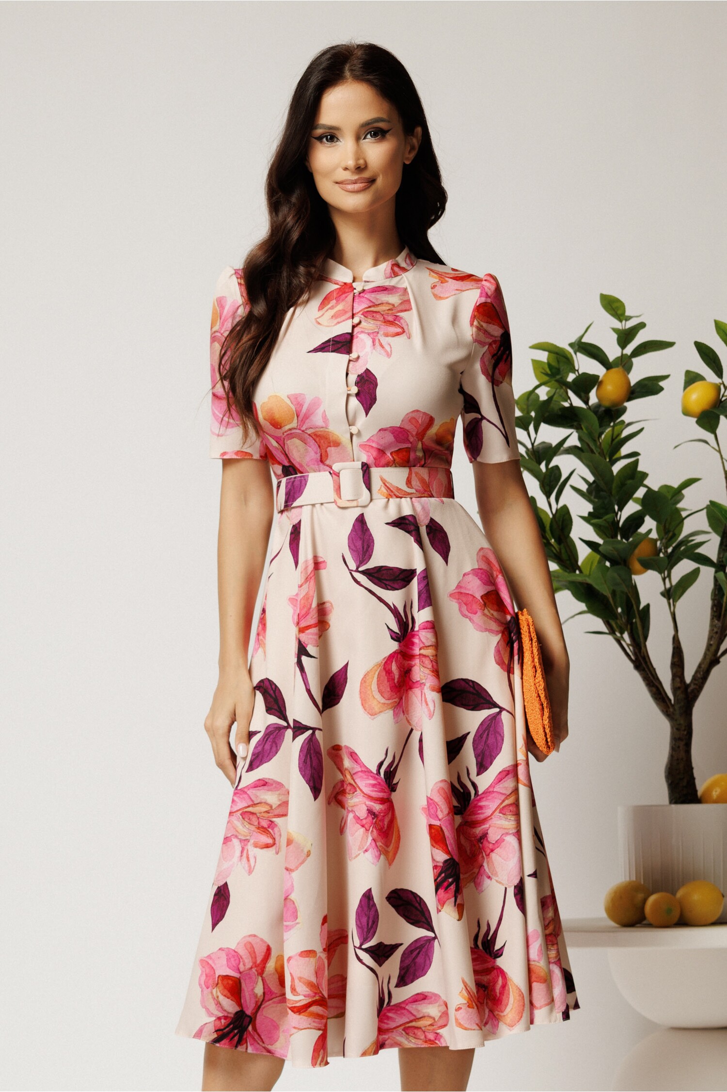 Rochie DY Fashion midi roz in clos din rayon cu flori mari si curea in talie