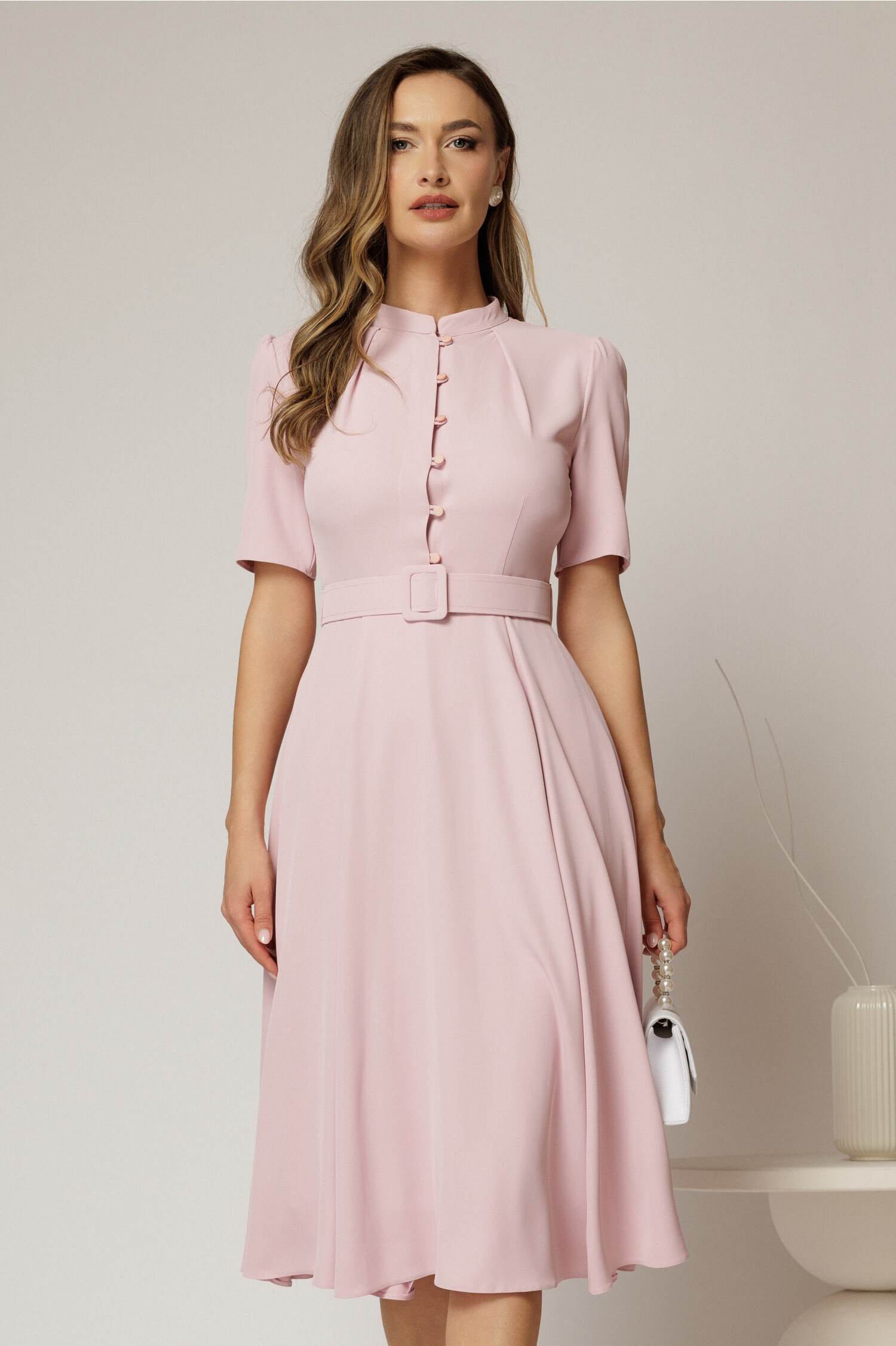 Rochie DY Fashion midi roz in clos din triplu voal cu nasturi la bust si curea in talie