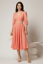 Rochie DY Fashion midi roz somon cu banda decorativa pe talie si mansete, 3, dyfashion.ro