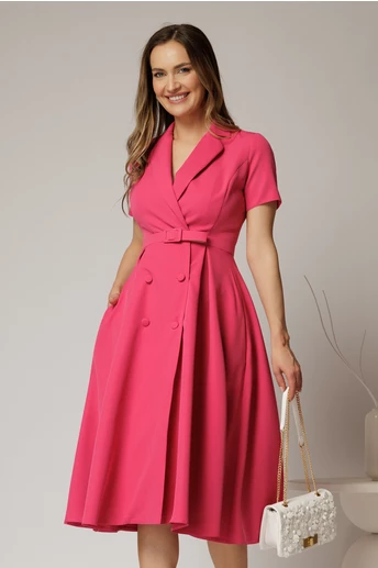 Rochie DY Fashion midi roz zmeura cu decolteu petrecut si curea in talie