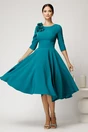 Rochie DY Fashion midi turcoaz din stofa in clos cu floare la bust, 3, dyfashion.ro