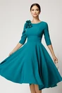 Rochie DY Fashion midi turcoaz din stofa in clos cu floare la bust, 1, dyfashion.ro