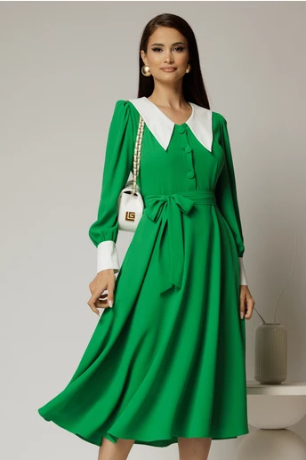 Rochie DY Fashion midi verde cu guler si mansete in contrast