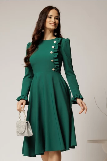 Rochie DY Fashion midi verde cu nasturi si volanase la bust