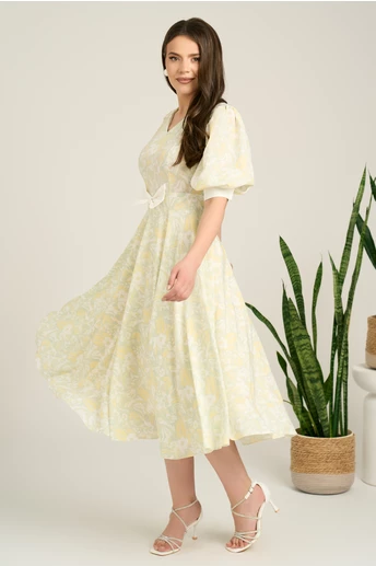 Rochie DY Fashion midi verde din voal in clos cu print bej si funda in talie