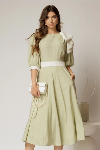 Rochie DY Fashion midi verde fistic cu buline si funda ampla pe umar