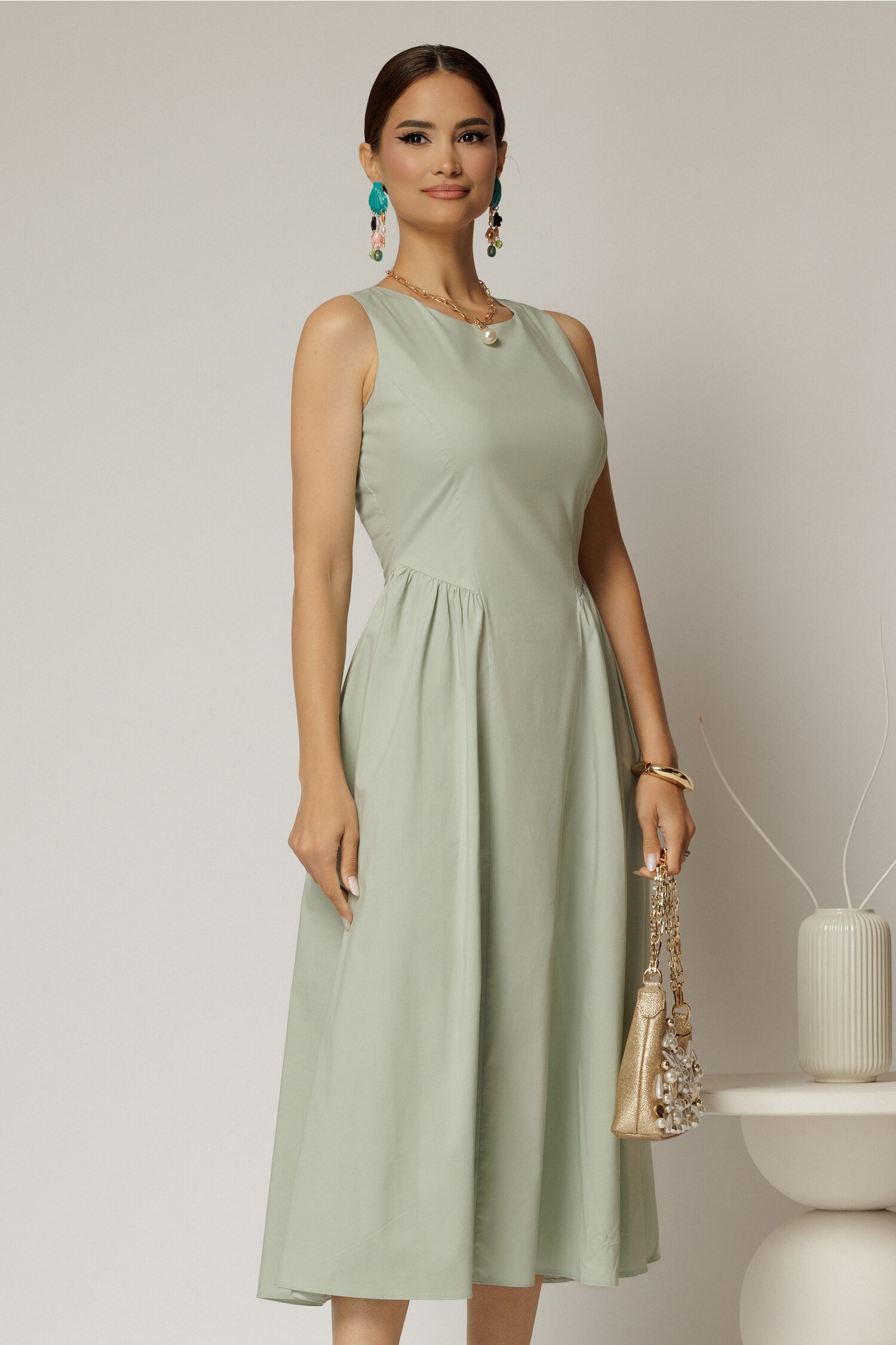 Rochie DY Fashion midi verde fistic din bumbac cu cret pe solduri