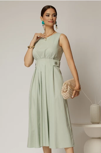 Rochie DY Fashion midi verde fistic din bumbac cu nasturi si cusaturi pe talie