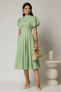 Rochie DY Fashion midi verde fistic din poplin cu guler ascutit si maneci scurte bufante, 3, dyfashion.ro