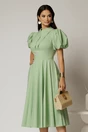 Rochie DY Fashion midi verde fistic din poplin cu guler ascutit si maneci scurte bufante, 1, dyfashion.ro
