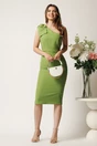Rochie DY Fashion midi verde fistic din stofa cu croi conic si funda pe un umar, 3, dyfashion.ro