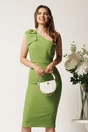 Rochie DY Fashion midi verde fistic din stofa cu croi conic si funda pe un umar, 1, dyfashion.ro