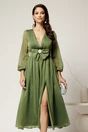 Rochie DY Fashion midi verde fistic din voal in clos cu funda maxi in talie, 1, dyfashion.ro