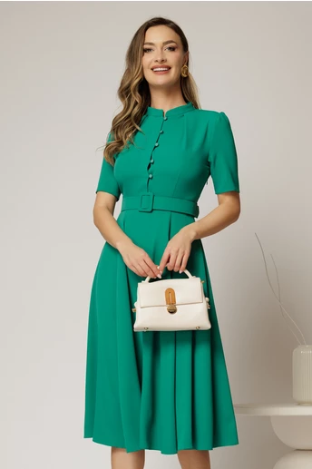 Rochie DY Fashion midi verde in clos din triplu voal cu nasturi la bust si curea in talie