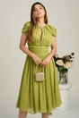 Rochie DY Fashion midi verde lime din voal in clos cu accesoriu si decupaj la decolteu, 1, dyfashion.ro