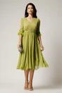 Rochie DY Fashion midi verde lime din voal in clos cu pene la maneci si accesoriu in talie, 2, dyfashion.ro
