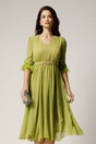 Rochie DY Fashion midi verde lime din voal in clos cu pene la maneci si accesoriu in talie, 1, dyfashion.ro