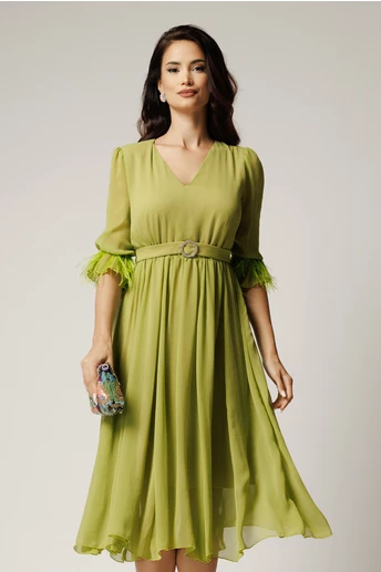 Rochie DY Fashion midi verde lime din voal in clos cu pene la maneci si accesoriu in talie