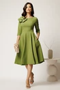 Rochie DY Fashion midi verde olive din stofa in clos cu floare maxi la bust, 2, dyfashion.ro