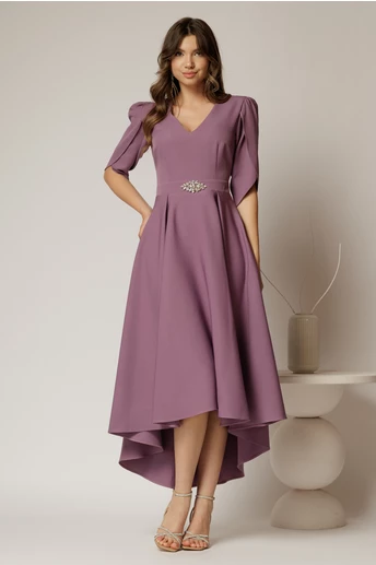 Rochie DY Fashion mov asimetrica cu maneci lalea si aplicatie pe talie