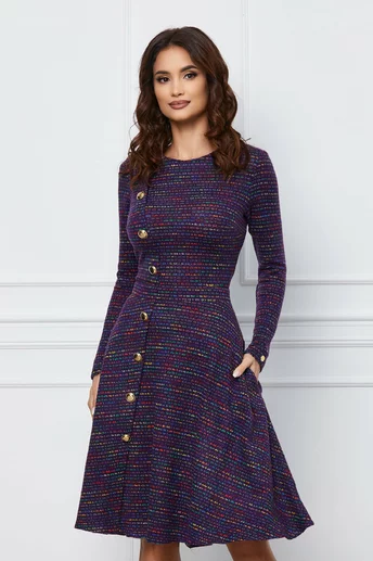 Rochie Dy Fashion mov cu imprimeu multicolor si nasturi decorativi