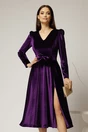 Rochie DY Fashion mov din catifea cu decolteu in V si funda in talie, 1, dyfashion.ro