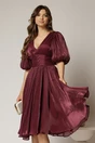 Rochie DY Fashion mov pruna cu decolteu adanc si nasturi din voal peliculizat, 1, dyfashion.ro