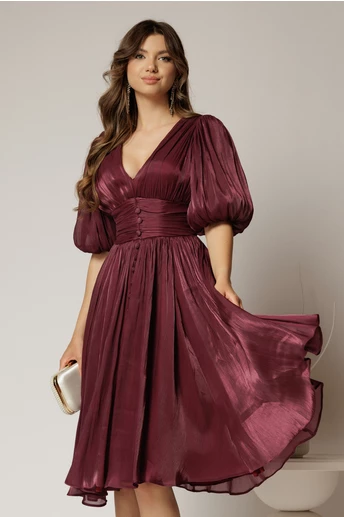 Rochie DY Fashion mov pruna cu decolteu adanc si nasturi din voal peliculizat
