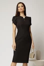 Rochie DY Fashion neagra conica cu maneci scurte lalea si accesoriu la decolteu, 1, dyfashion.ro