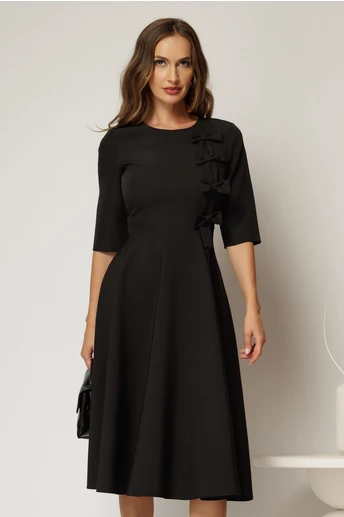 Rochie DY Fashion neagra cu funde pe bust si maneci trei sferturi