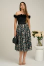Rochie DY Fashion neagra cu imprimeu pe fusta si pene la bust, 4, dyfashion.ro