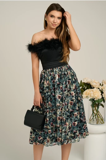 Rochie DY Fashion neagra cu imprimeu pe fusta si pene la bust