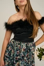 Rochie DY Fashion neagra cu imprimeu pe fusta si pene la bust, 3, dyfashion.ro