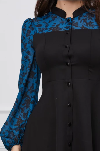 Rochie Dy Fashion neagra cu maneci albastre si nasturi