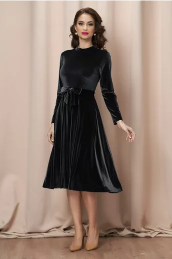 Rochie Dy Fashion neagra din catifea clos cu cordon in talie