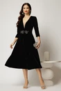 Rochie DY Fashion neagra din catifea cu decolteu adanc si cordon cu aplicatii, 3, dyfashion.ro