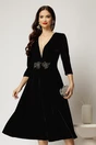 Rochie DY Fashion neagra din catifea cu decolteu adanc si cordon cu aplicatii, 1, dyfashion.ro