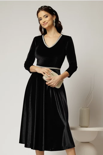 Rochie DY Fashion neagra din catifea cu decolteu in V si talia cu perle