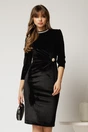 Rochie DY Fashion neagra din catifea cu perle la guler si brosa eleganta, 1, dyfashion.ro