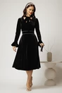 Rochie DY Fashion neagra din catifea cu perlute la decolteu si cordon detasabil, 3, dyfashion.ro