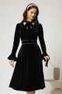 Rochie DY Fashion neagra din catifea cu perlute la decolteu si cordon detasabil, 1, dyfashion.ro